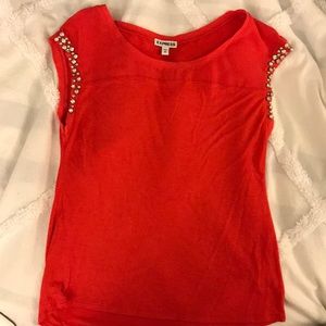 Pink t-shirt with rhinestone studded sleeves